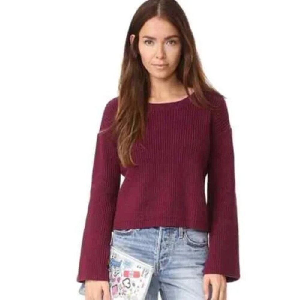 Rebecca Minkoff Teresa Burgundy Bell Sleeve Cropped Knit Sweater Size S